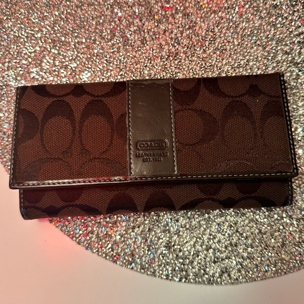 COACH Brown Hampton Signature Slim Envelope Canvas Leather Trim Wallet